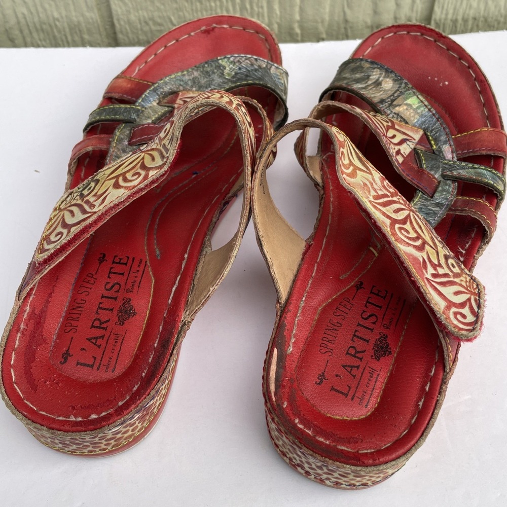 L'Artiste Sandals Womens US Size 7.5-8 /38 Red Caiman Artsy Bohemian Wedge Slide - Picture 12 of 16